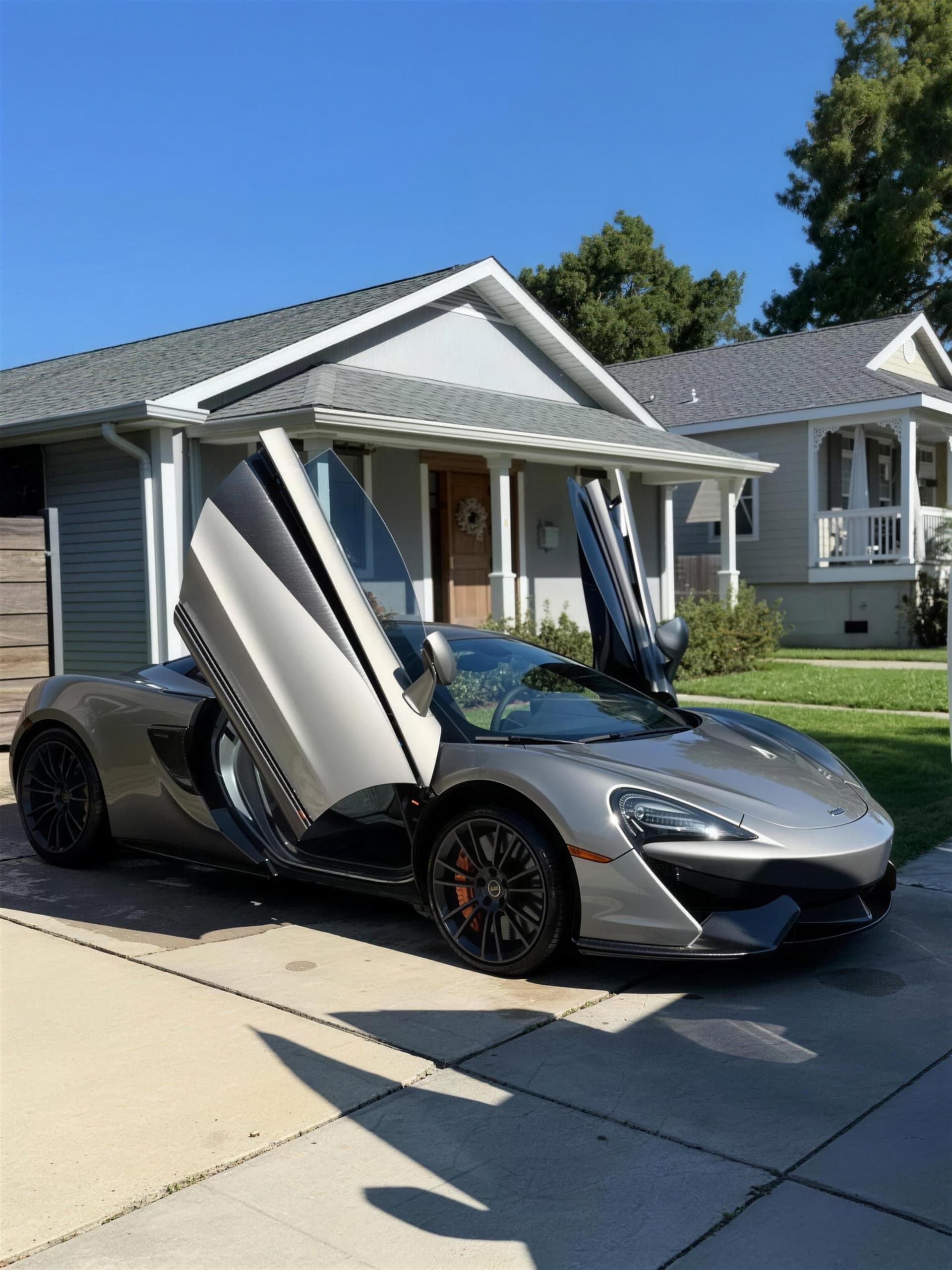 Silver McLaren with doors raised, detailed at a customer's home in New Orleans