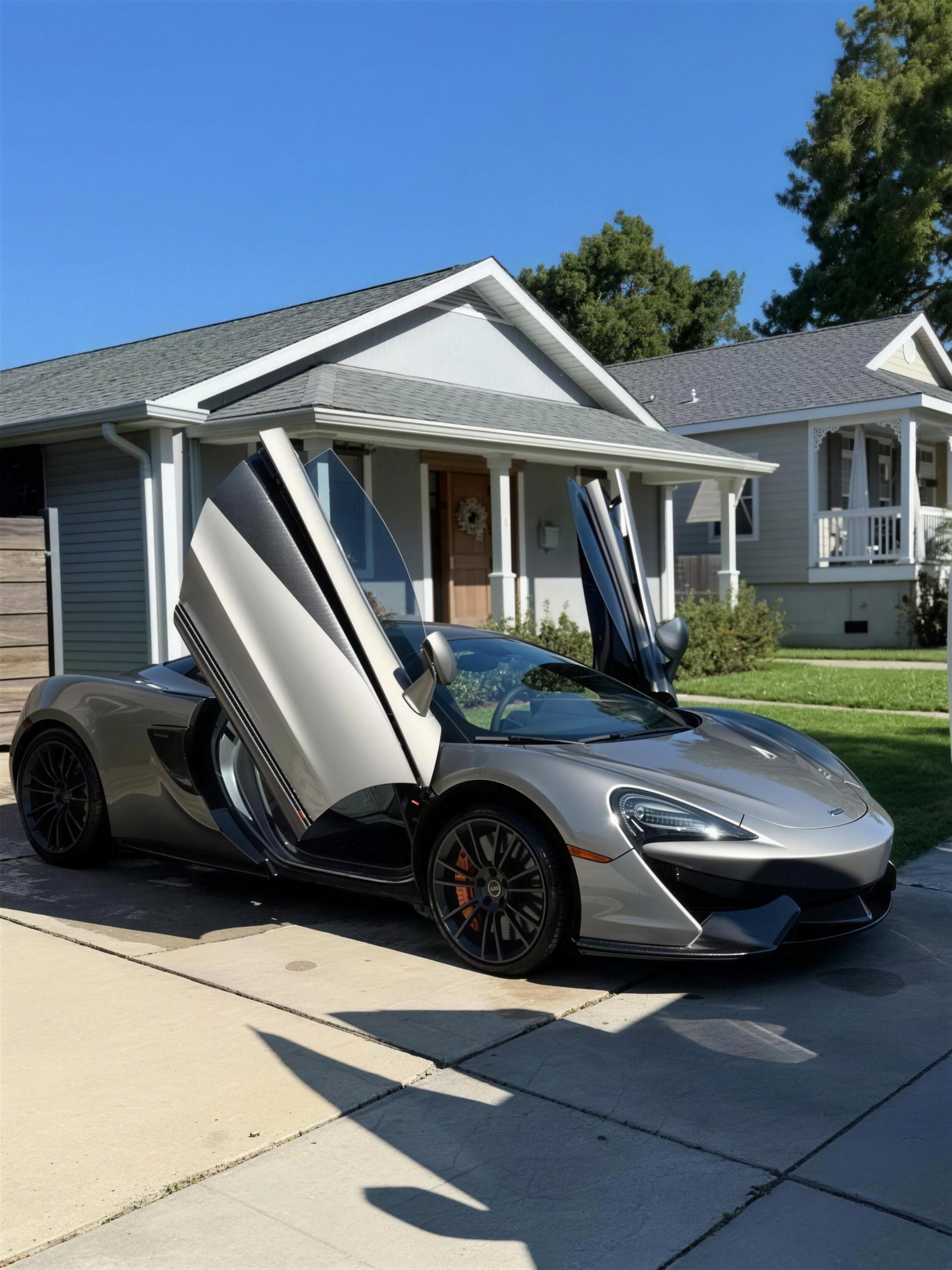 A silver McLaren 570S with its dihedral doors raised, detailed on-site in a New Orleans driveway by MJ's Mobile Detailing